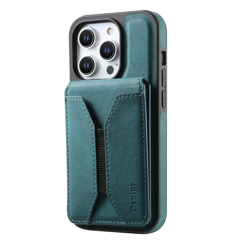 DENIOR D17 For iPhone 15 Pro Magnetic Case Leather Back Cover Detachable Card Bag Kickstand - Blue - 2