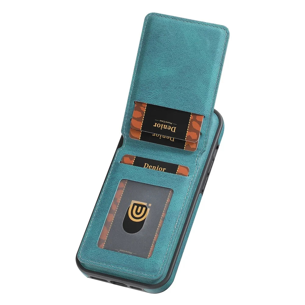 DENIOR D17 For iPhone 15 Pro Magnetic Case Leather Back Cover Detachable Card Bag Kickstand - Blue - 3