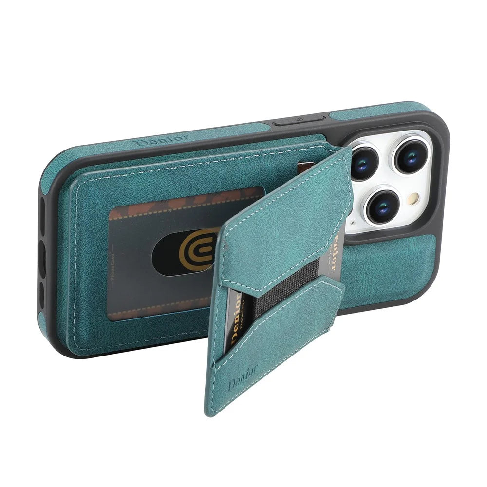 DENIOR D17 For iPhone 15 Pro Magnetic Case Leather Back Cover Detachable Card Bag Kickstand - Blue - 4