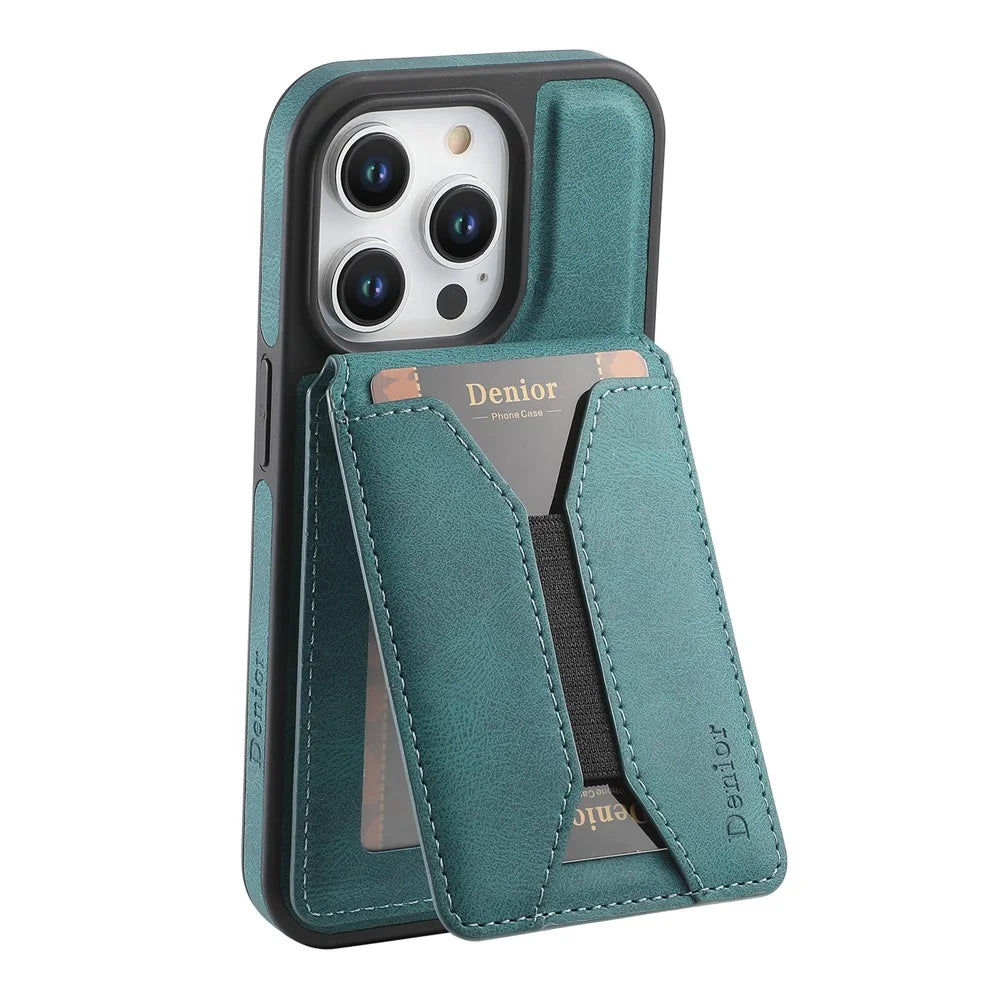 DENIOR D17 For iPhone 15 Pro Magnetic Case Leather Back Cover Detachable Card Bag Kickstand - Blue - 5