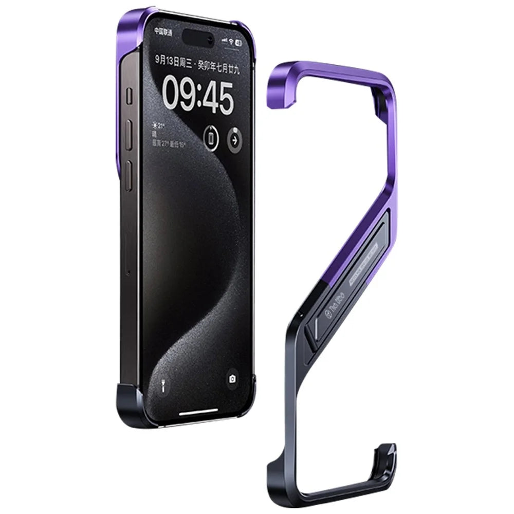 For iPhone 15 Pro Max Bumper Case Kickstand S-Shaped Frameless Aluminium Alloy Phone Cover - Purple - 1