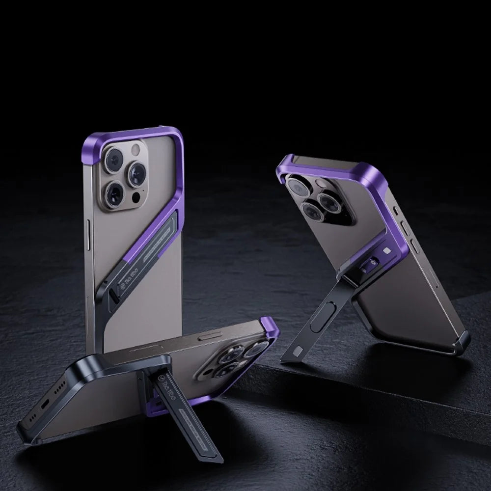 For iPhone 15 Pro Frameless Case S-Shaped Aluminium Alloy Phone Cover with Kickstand - Purple - 2