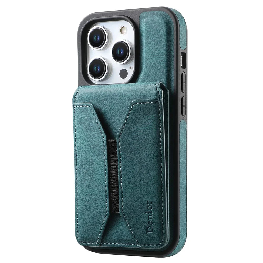 DENIOR D18 For iPhone 15 Pro Max Case Rotary Kickstand Card Bag Leather Back Phone Cover - Blue - 1