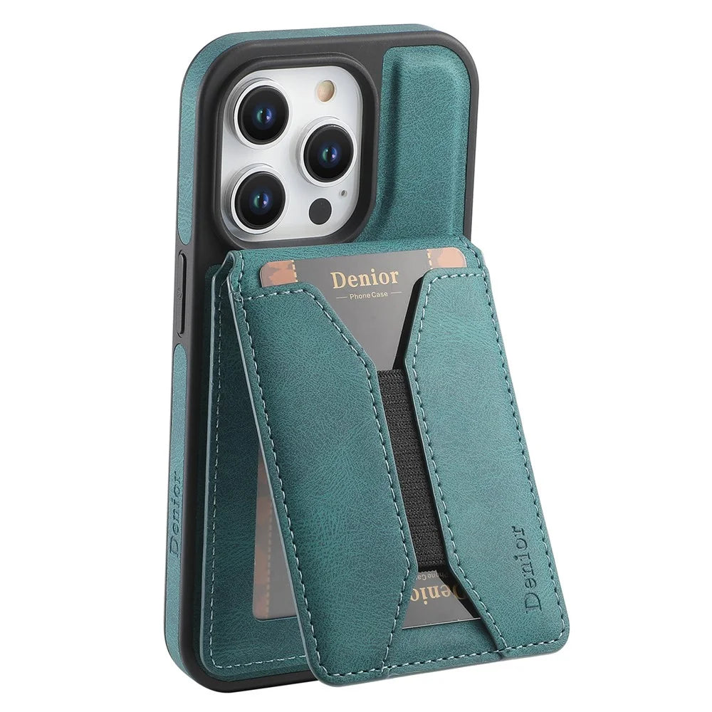 DENIOR D18 For iPhone 15 Pro Max Case Rotary Kickstand Card Bag Leather Back Phone Cover - Blue - 2