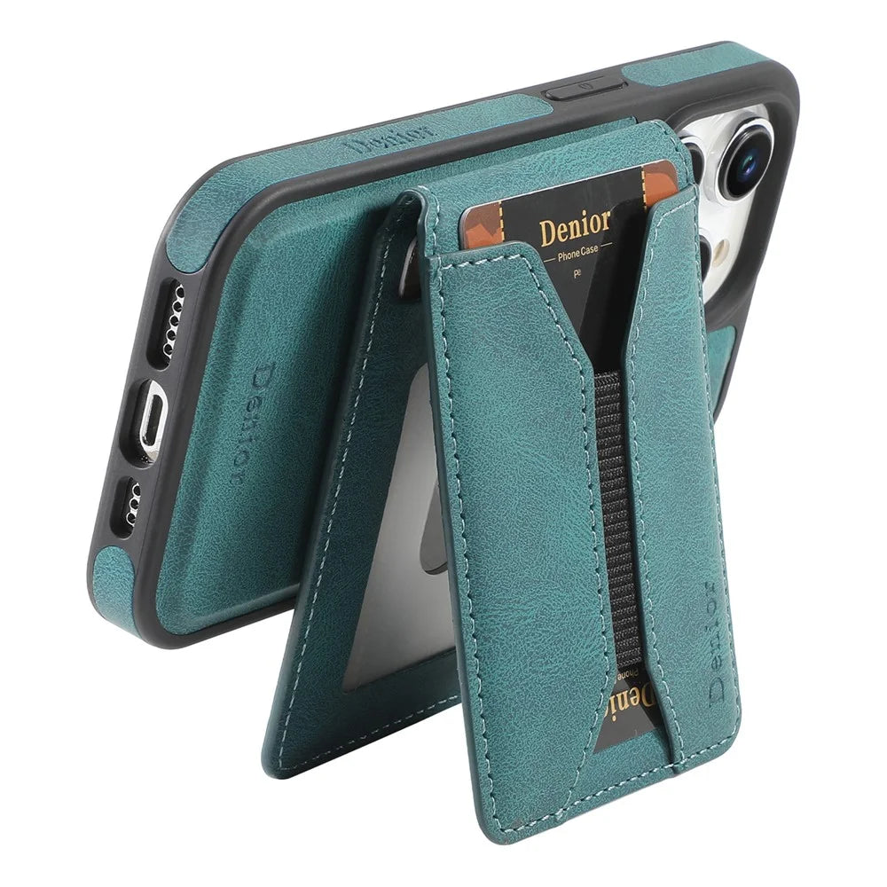 DENIOR D18 For iPhone 15 Pro Max Case Rotary Kickstand Card Bag Leather Back Phone Cover - Blue - 3