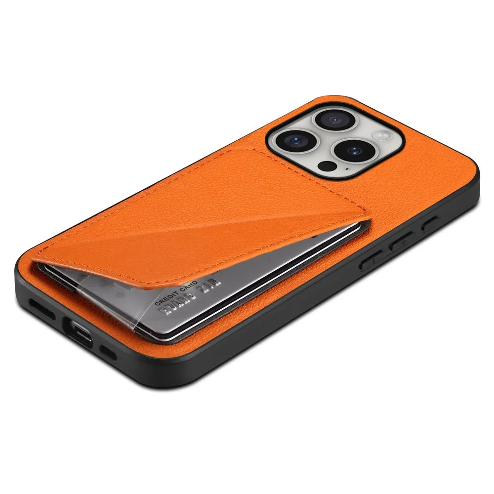 DENIOR D04 For iPhone 16 Pro Max Case Dual Card Slots Kickstand Leather+PC+TPU Cover - Orange - 4
