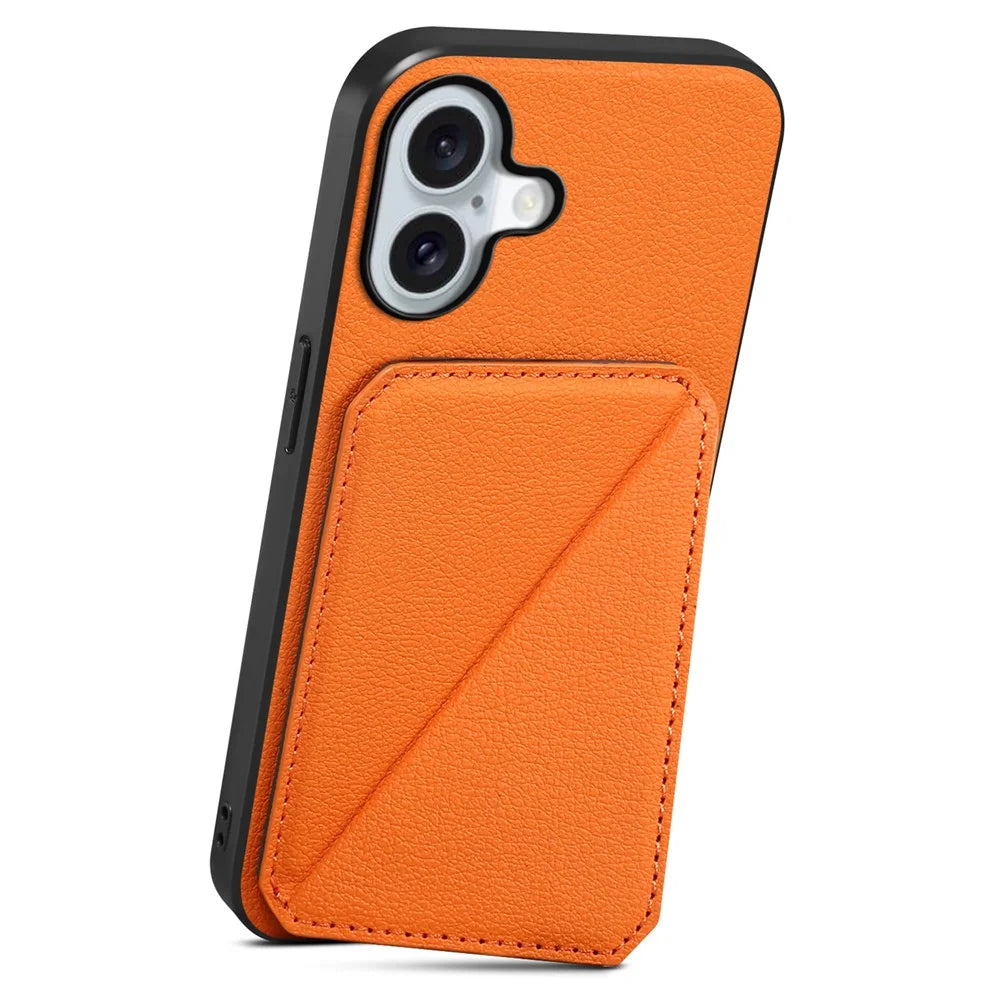 DENIOR D04 For iPhone 16 Plus Case Dual Card Slots Leather Coated PC+TPU Phone Cover - Orange - 2