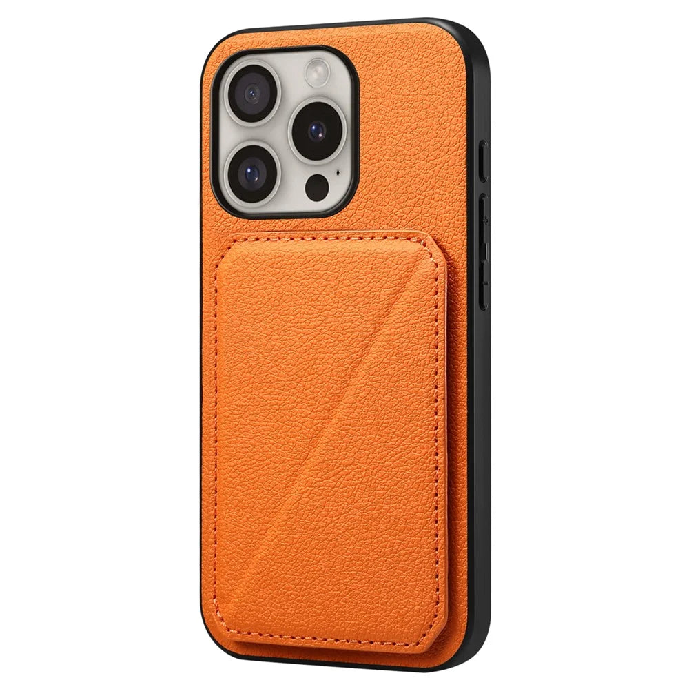 DENIOR D04 For iPhone 16 Pro Case Card Holder Kickstand Leather Coated Phone Cover - Orange - 1