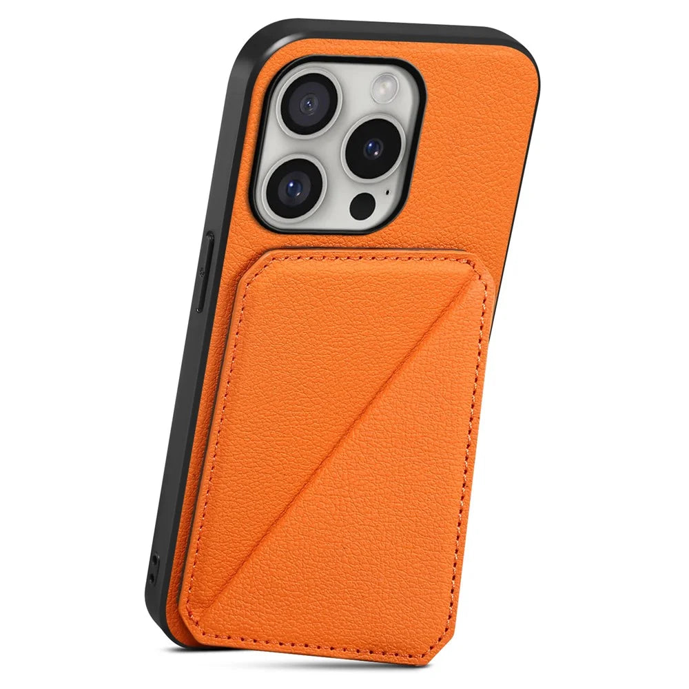 DENIOR D04 For iPhone 16 Pro Case Card Holder Kickstand Leather Coated Phone Cover - Orange - 2