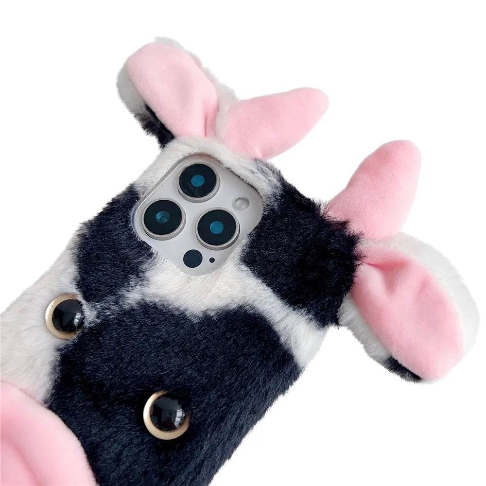 For iPhone 16 Pro Case Fluffy Cows Ear Anit-Drop Soft TPU Phone Cover - Black - 2
