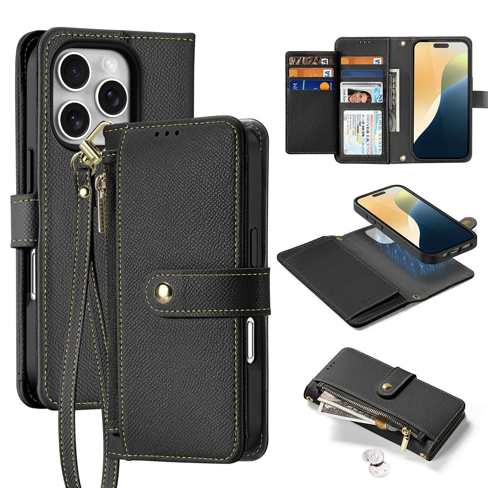 DUX DUCIS Lawa Series for iPhone 16 Pro Max Magnetic Case Cowhide Leather Detachable Phone Cover - Black - 1