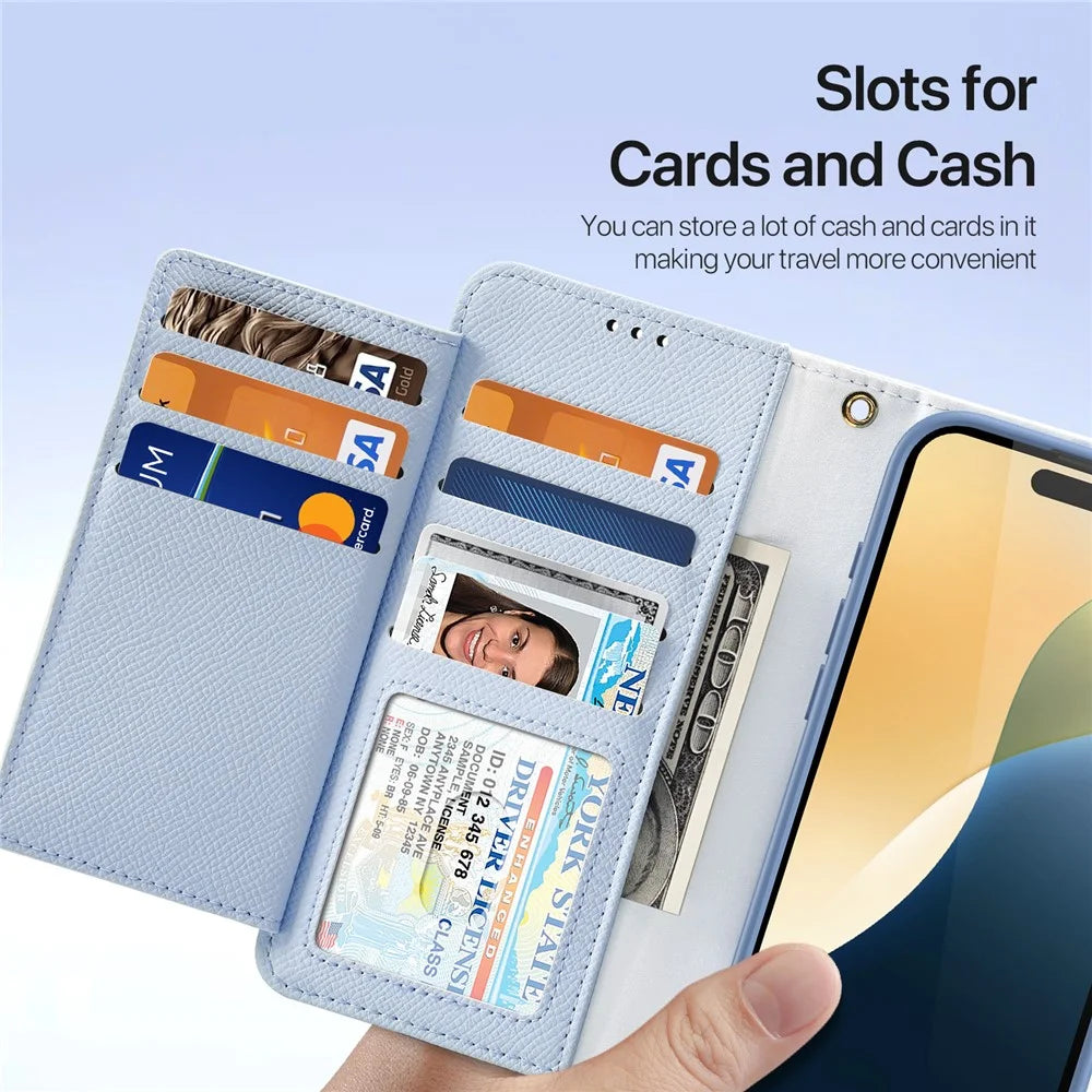 DUX DUCIS Lawa Series for iPhone 16 Magnetic Case Detachable Zipper Wallet Cowhide Leather Cover - Baby Blue - 6