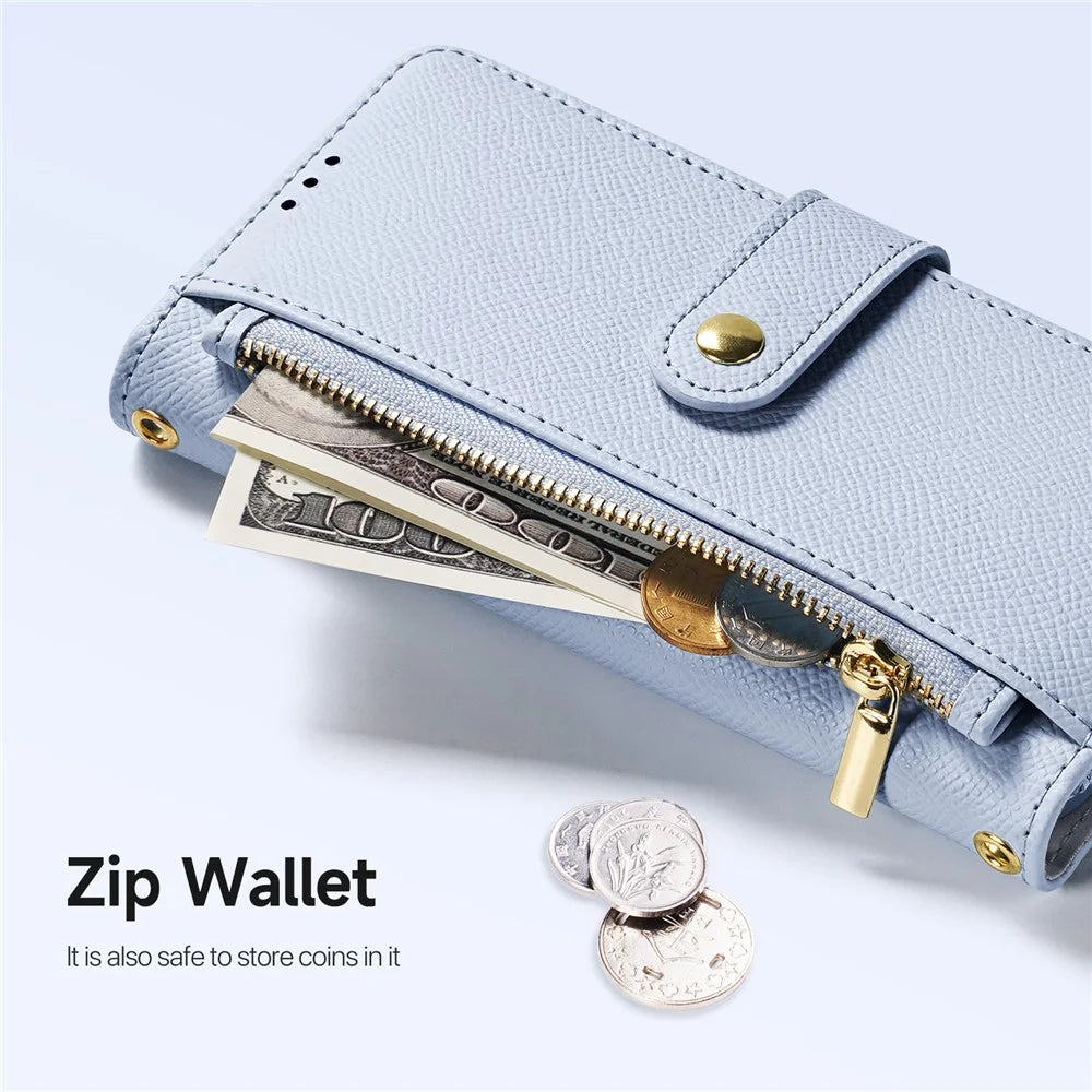 DUX DUCIS Lawa Series for iPhone 16 Magnetic Case Detachable Zipper Wallet Cowhide Leather Cover - Baby Blue - 7