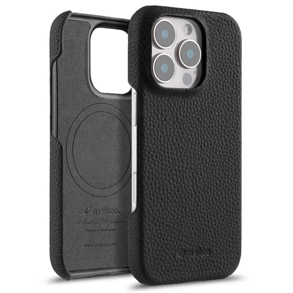 MELKCO For iPhone 16 Pro Max Case Genuine Cow Leather PC Phone Cover Compatible with MagSafe - Black - 1
