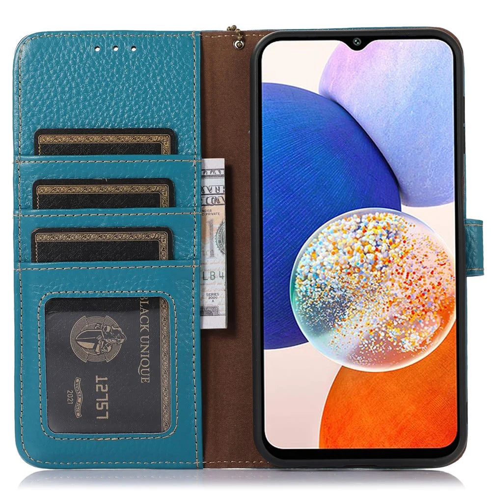 For Samsung Galaxy A16 5G / A16 4G Case RFID Blocking Genuine Cow Leather Phone Cover - Blue - 2