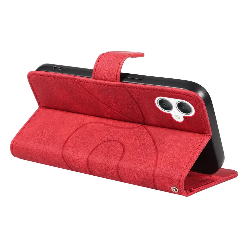 For Samsung Galaxy A08 5G / A08 4G / A07 4G / A06 4G / A06 5G Case Stand Wallet Leather Phone Cover Curved Line Wrist Strap - Red - 4
