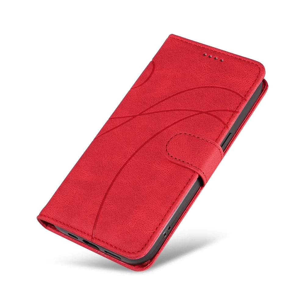 For Samsung Galaxy A08 5G / A08 4G / A07 4G / A06 4G / A06 5G Case Stand Wallet Leather Phone Cover Curved Line Wrist Strap - Red - 6