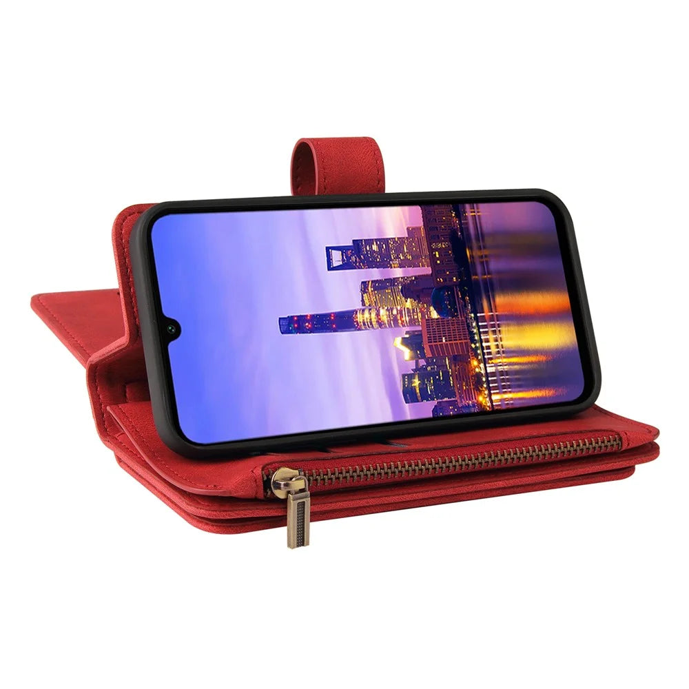 For Samsung Galaxy A18 5G / A17 5G / A17 4G / A26 5G / A16 5G / A16 4G Zipper Wallet Case with 15 Card Slots and Strap Leather Phone Cover - Red - 3
