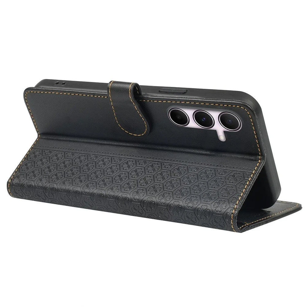 For Samsung Galaxy A35 5G Case Magnetic Clasp Four-Leaf Clover Leather Phone Cover - Black - 4