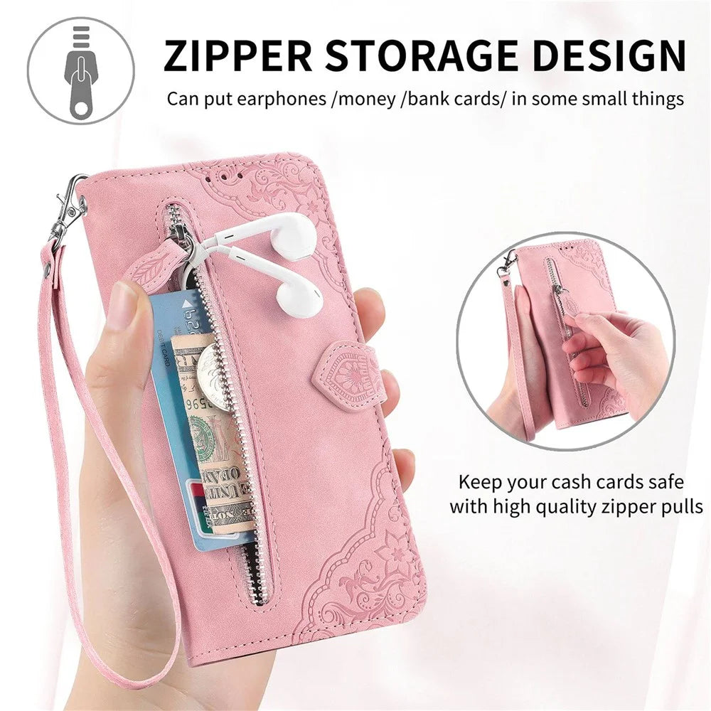 For Samsung Galaxy S21 5G / S21 4G Zipper Wallet Case with Strap Flower Imprint PU Leather Phone Cover - Pink - 5