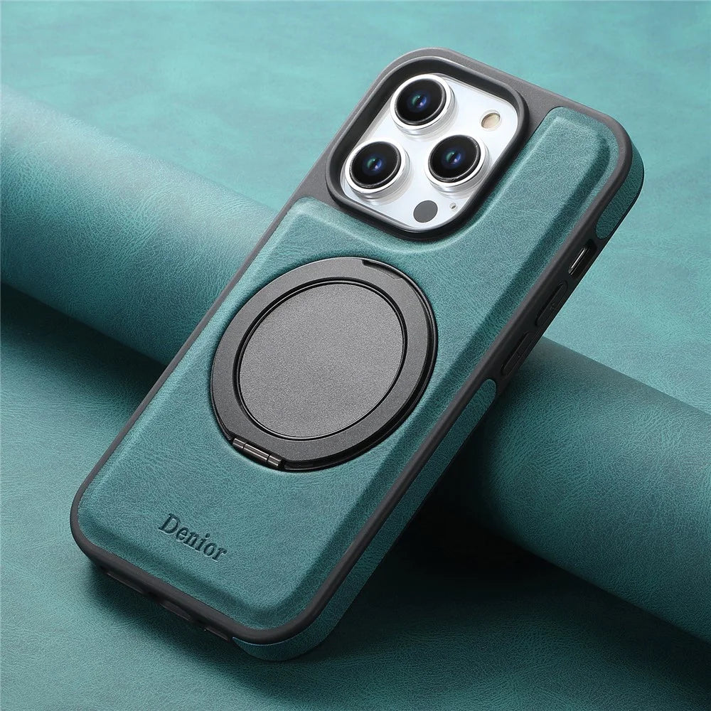 DENIOR A14 For iPhone 15 Pro Max Magnetic Case Rotary Kickstand Leather PC TPU Phone Cover - Blue - 7