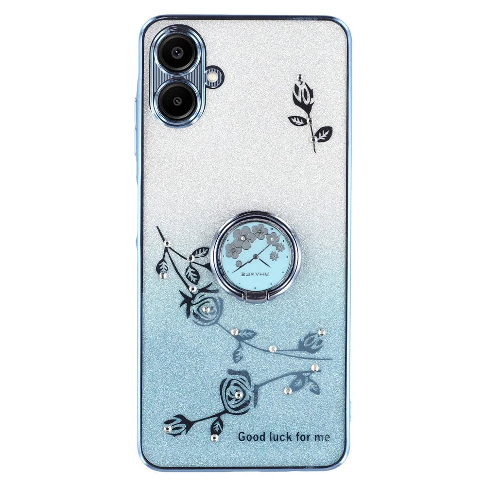 KADEM For Samsung Galaxy A06 4G Case Ring Kickstand TPU Flowers Phone Cover Gradient Glitter - Blue - 1