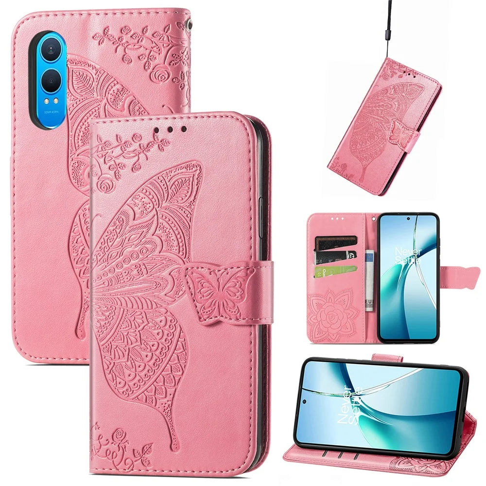 For OnePlus Nord CE4 Lite 5G / Oppo K12x 5G (China) Case PU Leather Wallet Phone Cover Butterfly Pattern - Pink - 6