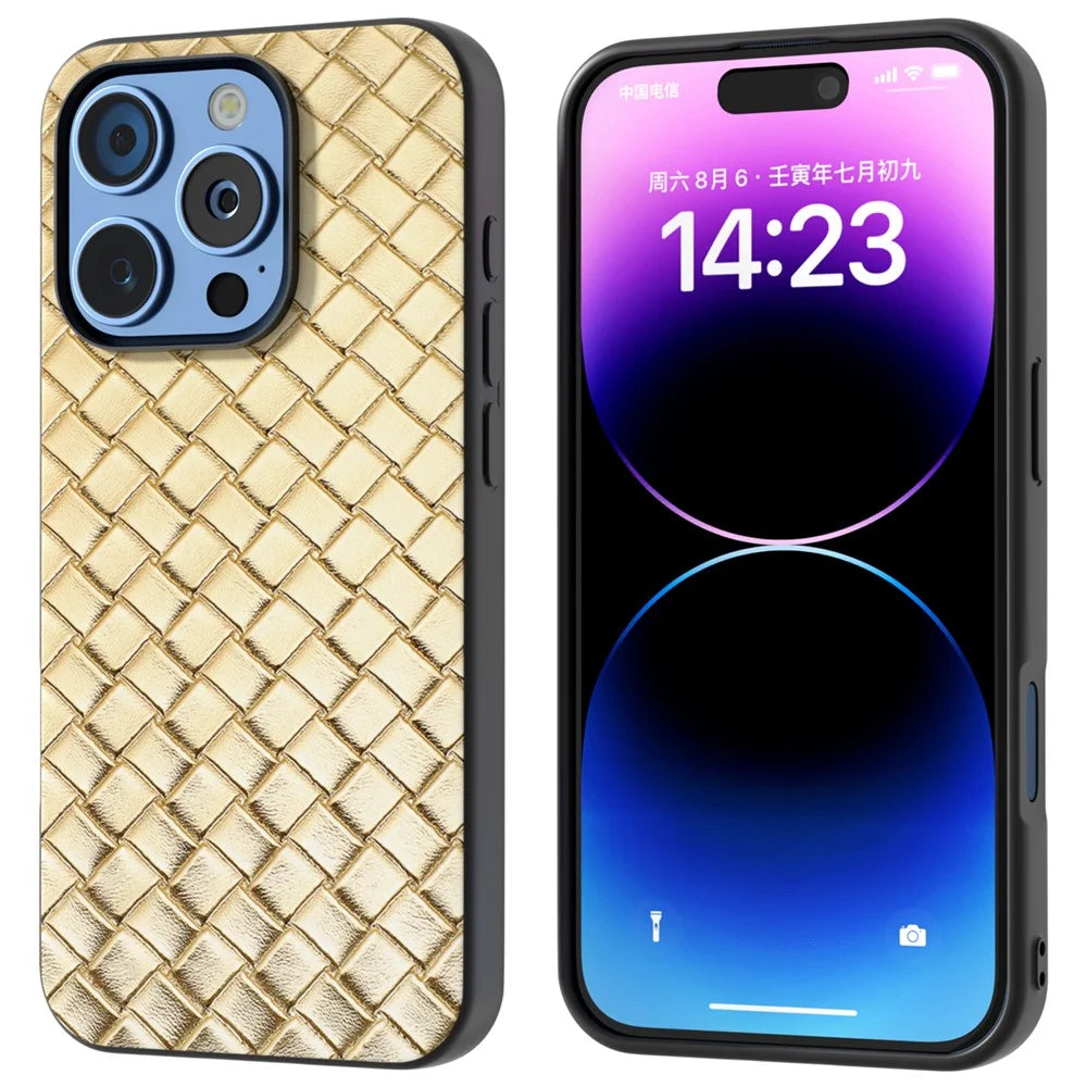 For iPhone 16 Pro Case Woven Texture PU Leather Coated PC+TPU Mobile Phone Cover - Gold - 2