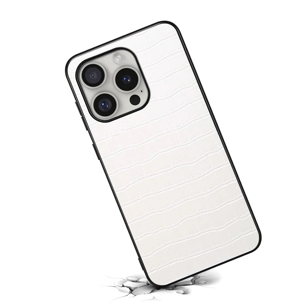 For iPhone 16 Pro Case Crocodile Texture Leather Coated PC+TPU Phone Cover - White - 2