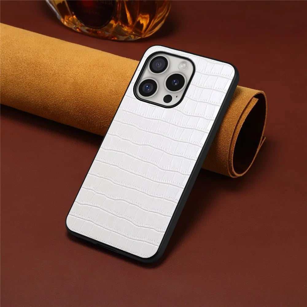 For iPhone 16 Pro Case Crocodile Texture Leather Coated PC+TPU Phone Cover - White - 4