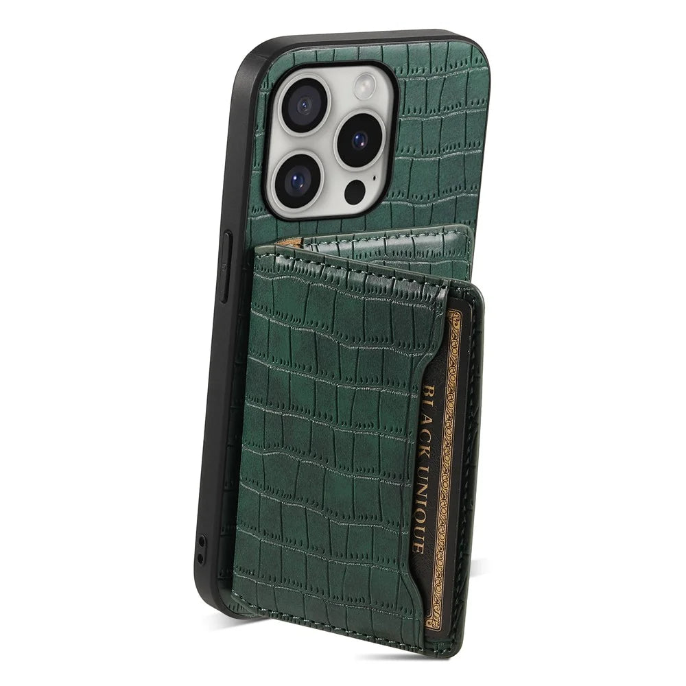 For iPhone 16 Pro Case Card Holder Kickstand Crocodile Texture Leather Back Phone Cover - Green - 2