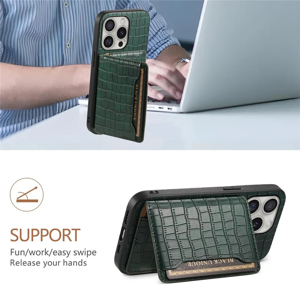 For iPhone 16 Pro Case Card Holder Kickstand Crocodile Texture Leather Back Phone Cover - Green - 5