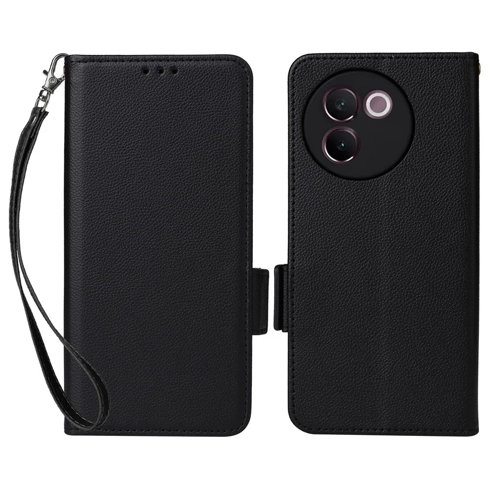 For OnePlus Nord 4 Case with Wrist Strap Litchi Texture PU Leather Wallet Phone Cover - Black - 1