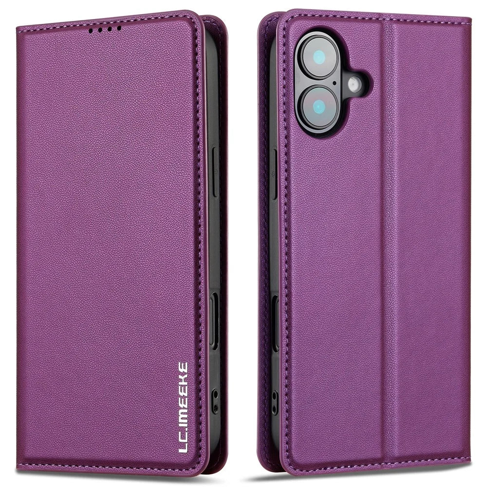 LC.IMEEKE L1 Series for iPhone 16 Plus Case PU Leather Wallet Stand Protective Phone Cover - Purple - 1