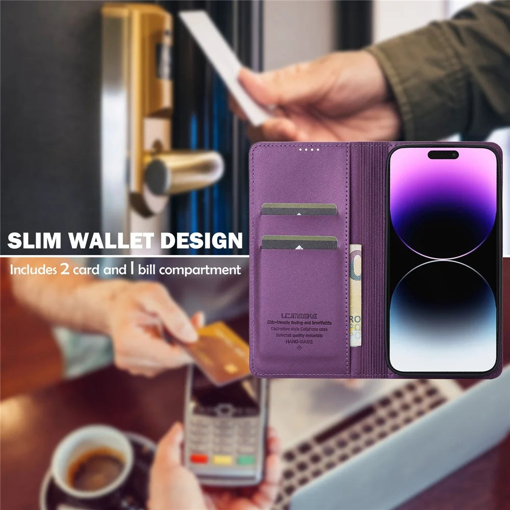 LC.IMEEKE L1 Series for iPhone 16 Plus Case PU Leather Wallet Stand Protective Phone Cover - Purple - 5