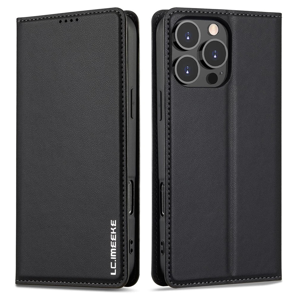 LC.IMEEKE L1 Series for iPhone 16 Pro Case PU Leather Wallet Stand Protective Phone Cover - Black - 1