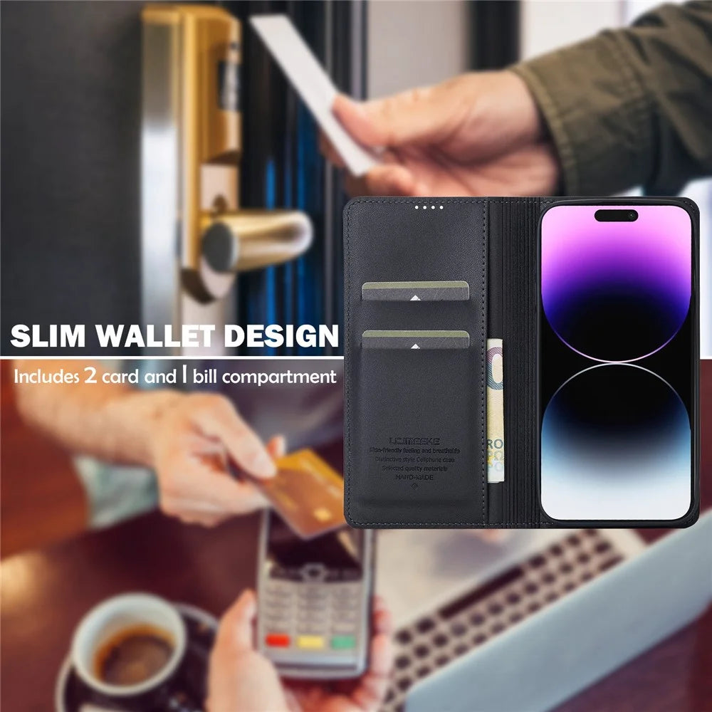LC.IMEEKE L1 Series for iPhone 16 Pro Case PU Leather Wallet Stand Protective Phone Cover - Black - 5