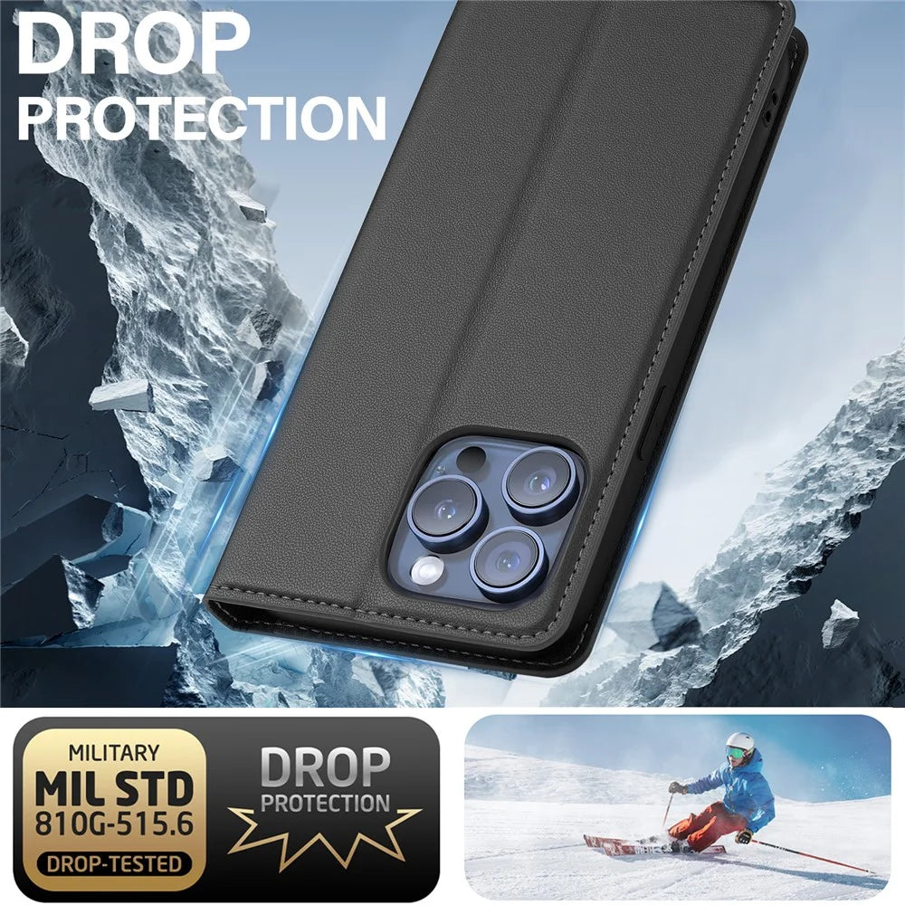 LC.IMEEKE L1 Series for iPhone 15 Pro Case PU Leather Wallet Stand Protective Phone Cover - Black - 6