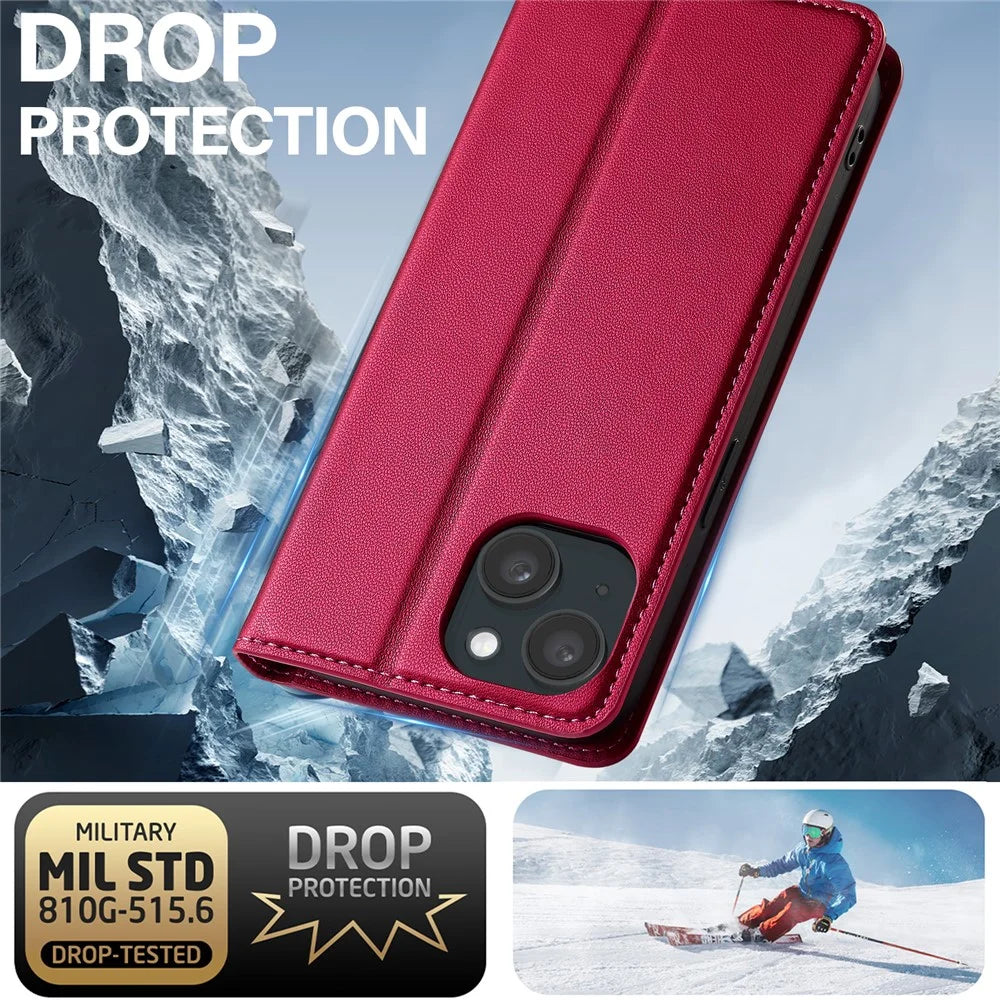 LC.IMEEKE L1 Series for iPhone 14 / 13 Case PU Leather Wallet Stand Protective Phone Cover - Red - 4