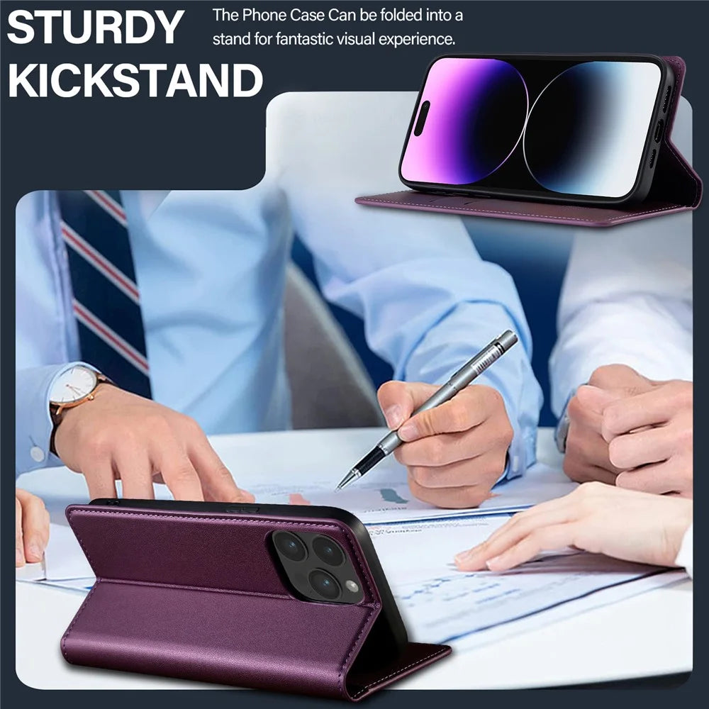 LC.IMEEKE L1 Series for iPhone 14 Pro Case PU Leather Wallet Stand Protective Phone Cover - Purple - 7