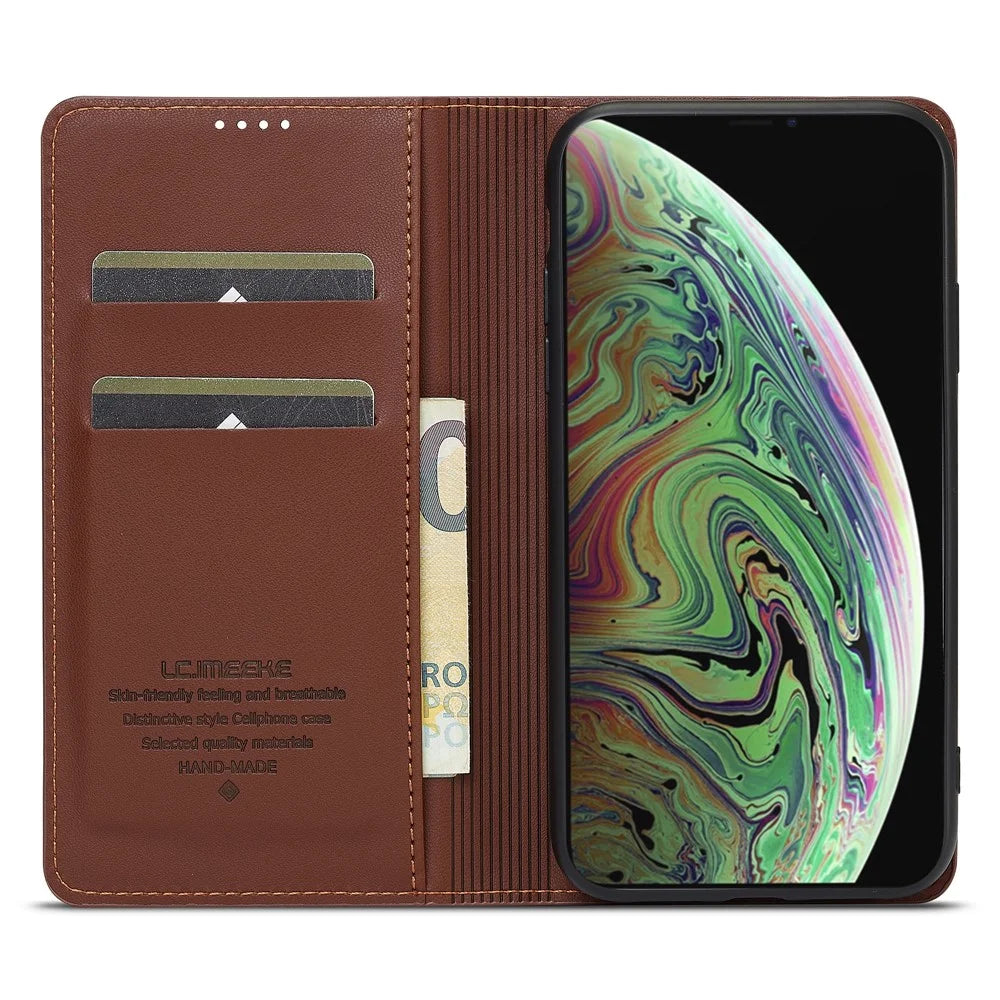 LC.IMEEKE L1 Series for iPhone XS Max Case PU Leather Wallet Stand Protective Phone Cover - Brown - 2