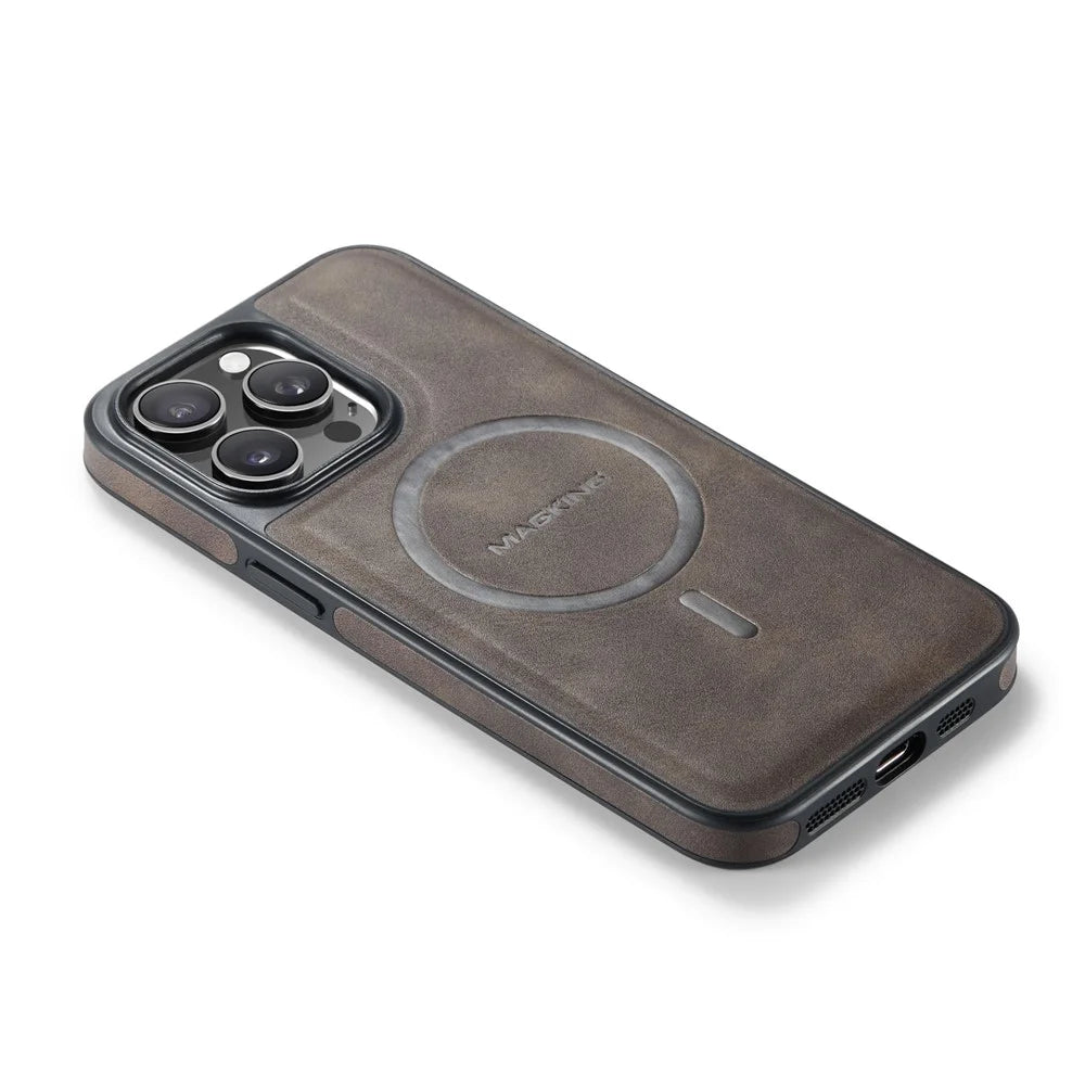 MAGKING K1 Series For iPhone 15 Pro Max Magnetic Case PC+TPU+PU Leather Shockproof Phone Cover - Coffee - 7