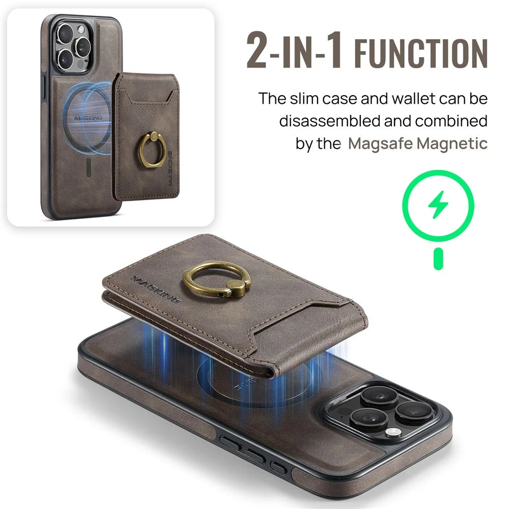 MAGKING K1 Series For iPhone 15 Pro Magnetic Case PC+TPU+PU Phone Cover with Card Holder Kickstand - Coffee - 7