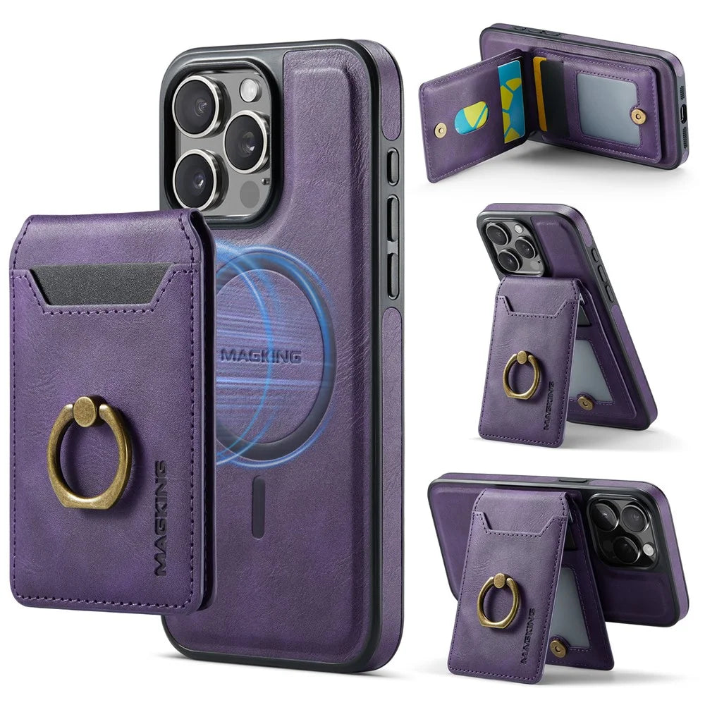 MAGKING K1 Series For iPhone 14 Pro Magnetic Case PC+TPU+PU Phone Cover with Card Holder Kickstand - Purple - 1