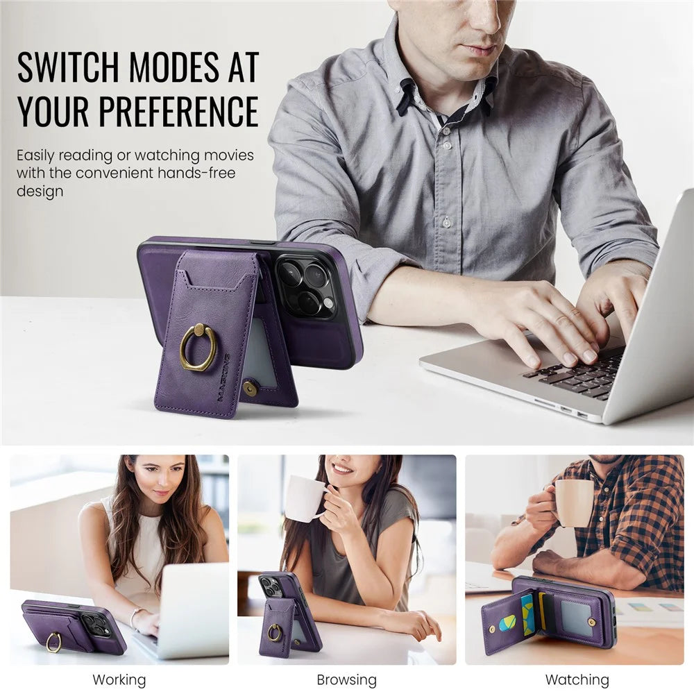 MAGKING K1 Series For iPhone 14 Pro Magnetic Case PC+TPU+PU Phone Cover with Card Holder Kickstand - Purple - 5