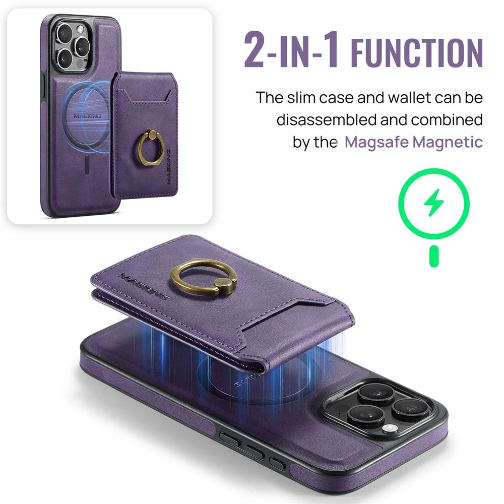 MAGKING K1 Series For iPhone 14 Pro Magnetic Case PC+TPU+PU Phone Cover with Card Holder Kickstand - Purple - 7