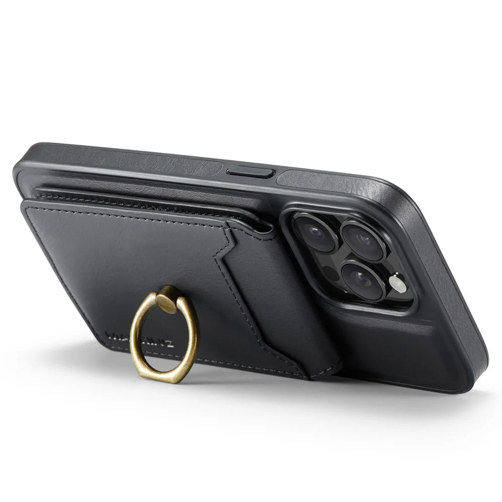 MAGKING K1 Series For iPhone 15 Pro Max Magnetic Case PC+TPU+PU Phone Cover with Card Holder Kickstand - Black - 3