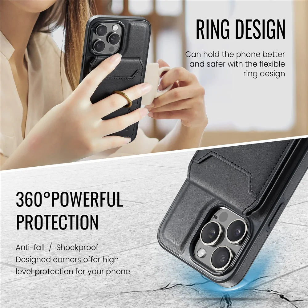 MAGKING K1 Series For iPhone 15 Pro Max Magnetic Case PC+TPU+PU Phone Cover with Card Holder Kickstand - Black - 6