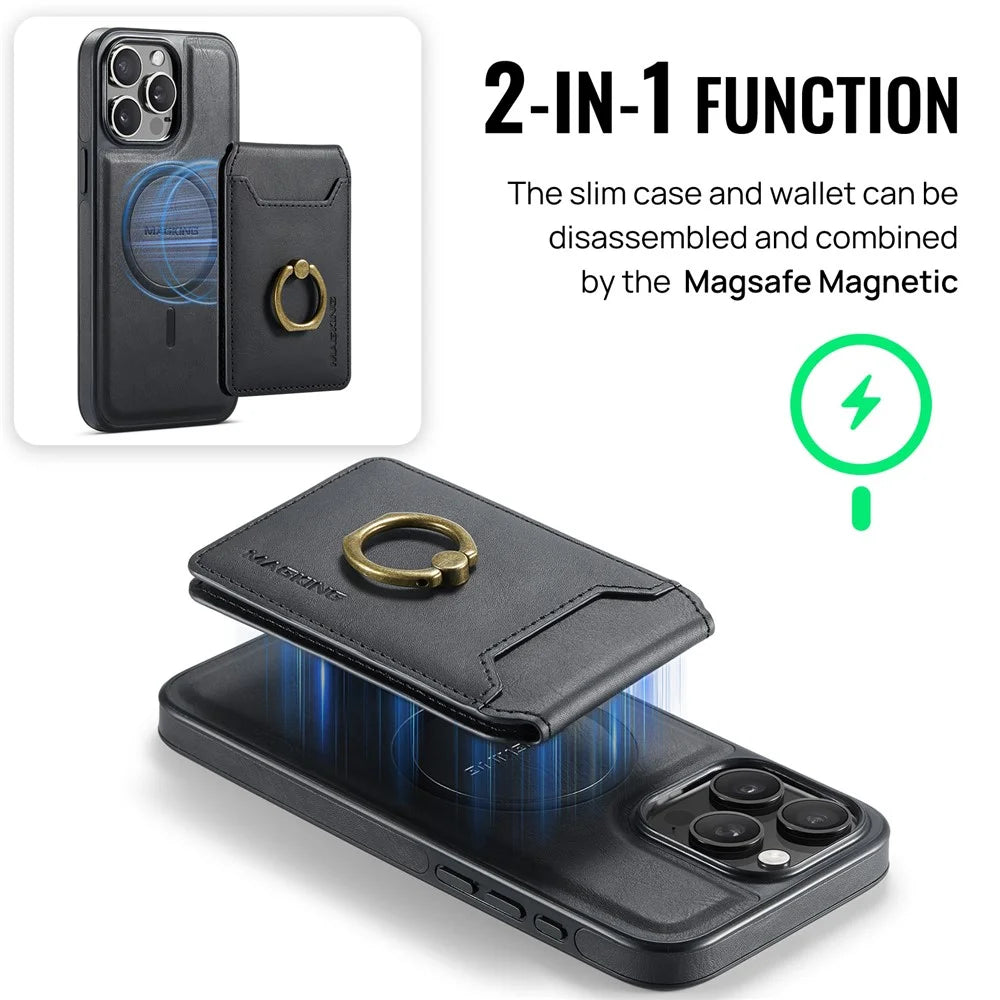 MAGKING K1 Series For iPhone 15 Pro Max Magnetic Case PC+TPU+PU Phone Cover with Card Holder Kickstand - Black - 7