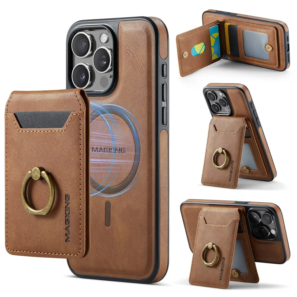 MAGKING K1 Series For iPhone 14 Pro Max Magnetic Case PC+TPU+PU Phone Cover with Card Holder Kickstand - Brown - 1